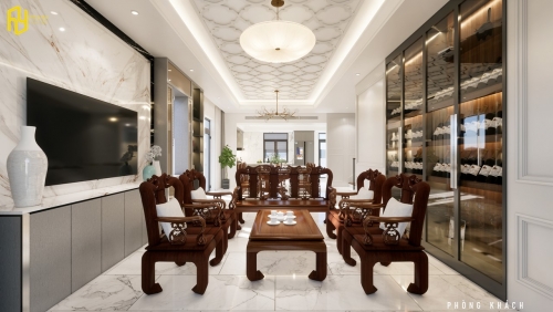 Sự kết hợp giữa phong cách truyền thống và hiện đại giúp phòng khách trở nên cuốn hút.