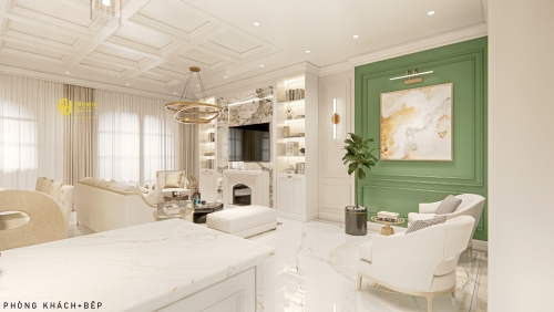 Không gian bếp trắng cổ điển kết hợp màu sắc xanh trang nhã